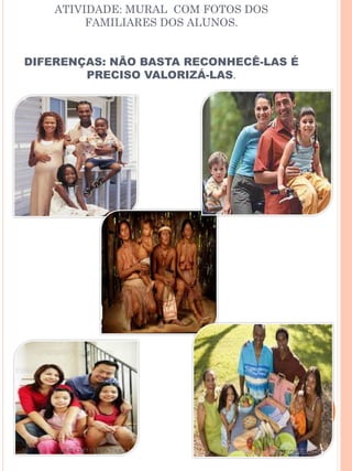 ATIVIDADE: MURAL COM FOTOS DOS
         FAMILIARES DOS ALUNOS.


DIFERENÇAS: NÃO BASTA RECONHECÊ-LAS É
        PRECISO VALORIZÁ-LAS.
 
