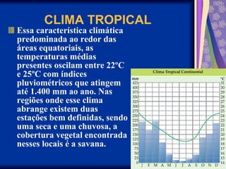 CLIMA TROPICAL Essa característica climática predominada ao redor das áreas equatoriais, as temperaturas médias presentes oscilam entre 22ºC e 25ºC com índices pluviométricos que atingem até 1.400 mm ao ano. Nas regiões onde esse clima abrange existem duas estações bem definidas, sendo uma seca e uma chuvosa, a cobertura vegetal encontrada nesses locais é a savana.  