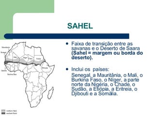 SAHEL Faixa de transição entre as savanas e o Deserto de Saara  (Sahel = margem ou borda do deserto). Inclui os  países: Senegal, a Mauritânia, o Mali, o Burkina Faso, o Níger, a parte norte da Nigéria, o Chade, o Sudão, a Etiópia, a Eritreia, o Djibouti e a Somália.  