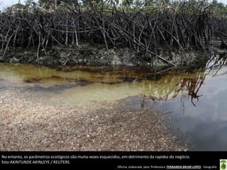 Oficina elaborada pela Professora FERNANDA BRUM LOPES - Geografia
No entanto, os parâmetros ecológicos são muita vezes esquecidos, em detrimento da rapidez do negócio.
foto AKINTUNDE AKINLEYE / REUTERS
 