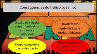 Consequencias do tráfico oceânico:
Criação de vínculos
entre tribosreinos
africanos e
europeus.
Rivalidades
entre tribos e
etnias africanas.
Despovoamento e
descentralização.
Fortalecimento de
grupos econômicos
euro-americanos.
 