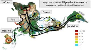Mapa das Principais Migrações Humanas de
acordo com análise do DNA Mitocondrial
África
Europa
Oceania
Ásia
Américas
 