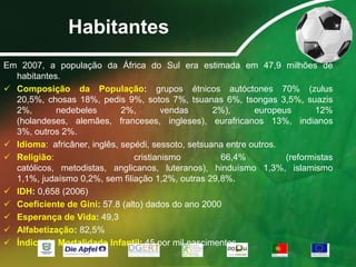 A África do Sul é famosa pela sua diversidade cultural, linguística e religiosa, com onze línguas oficiais reconhecidas na constituição.Saibaque… O inglês é o idioma mais falado na vida pública oficial e comercial, embora seja apenas a quinta língua doméstica mais falada.