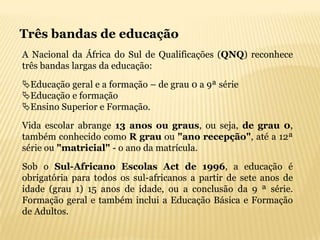 Três bandas de educação
A Nacional da África do Sul de Qualificações (QNQ) reconhece
três bandas largas da educação:

Educação geral e a formação – de grau 0 a 9ª série
Educação e formação
Ensino Superior e Formação.
Vida escolar abrange 13 anos ou graus, ou seja, de grau 0,
também conhecido como R grau ou "ano recepção", até a 12ª
série ou "matricial" - o ano da matrícula.

Sob o Sul-Africano Escolas Act de 1996, a educação é
obrigatória para todos os sul-africanos a partir de sete anos de
idade (grau 1) 15 anos de idade, ou a conclusão da 9 ª série.
Formação geral e também inclui a Educação Básica e Formação
de Adultos.
 