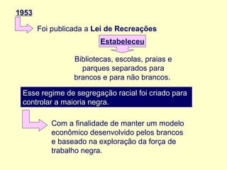 1953
Foi publicada a Lei de Recreações
Estabeleceu
Bibliotecas, escolas, praias e
parques separados para
brancos e para não brancos.
Esse regime de segregação racial foi criado para
controlar a maioria negra.
Com a finalidade de manter um modelo
econômico desenvolvido pelos brancos
e baseado na exploração da força de
trabalho negra.

 