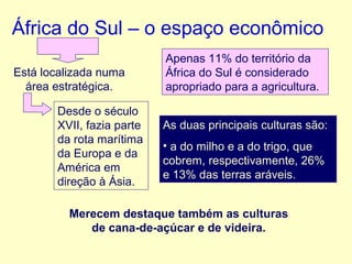 África do Sul – o espaço econômico
Está localizada numa
área estratégica.
Desde o século
XVII, fazia parte
da rota marítima
da Europa e da
América em
direção à Ásia.

Apenas 11% do território da
África do Sul é considerado
apropriado para a agricultura.
As duas principais culturas são:
• a do milho e a do trigo, que
cobrem, respectivamente, 26%
e 13% das terras aráveis.

Merecem destaque também as culturas
de cana-de-açúcar e de videira.

 