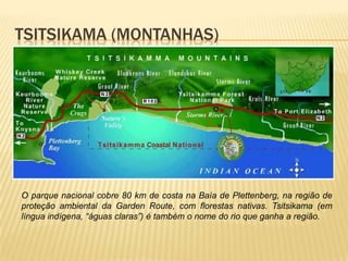 TSITSIKAMA (MONTANHAS)
O parque nacional cobre 80 km de costa na Baía de Plettenberg, na região de
proteção ambiental da Garden Route, com florestas nativas. Tsitsikama (em
língua indígena, “águas claras”) é também o nome do rio que ganha a região.
 