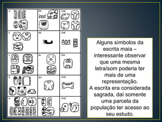 Alguns símbolos da
escrita maia –
interessante observar
que uma mesma
letra/som poderia ter
mais de uma
representação.
A escrita era considerada
sagrada, daí somente
uma parcela da
população ter acesso ao
seu estudo.
 