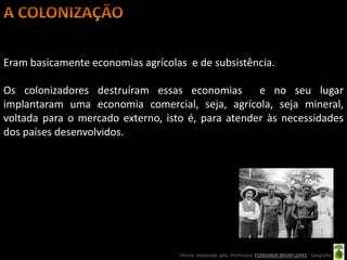 Eram basicamente economias agrícolas e de subsistência.

Os colonizadores destruíram essas economias        e no seu lugar
implantaram uma economia comercial, seja, agrícola, seja mineral,
voltada para o mercado externo, isto é, para atender às necessidades
dos países desenvolvidos.




                                   Oficina elaborada pela Professora FERNANDA BRUM LOPES - Geografia
 