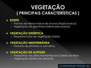 ESTEPE 
›Trechos de Menor índice de chuvas (tropical seco); 
›Vegetação de gramíneas (ideal para pastos); 
VEGETAÇÃO DESÉRTICA 
›Pequenos tufos de vegetação (oásis). 
VEGETAÇÃO MEDITERRÂNEA 
›Florestas de pinheiros e carvalhos. 
VEGETAÇÃO DE ALTITUDE 
›Predomínio nas altas montanhas da Cadeia do Atlas; 
›Vegetação rasteira de clima frio. 
ACOMPANHAR PÁGINA 223  