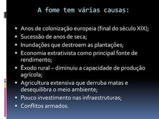 A fome tem várias causas:
 Anos de colonização europeia (final do século XIX);
 Sucessão de anos de seca;
 Inundações que destroem as plantações;
 Economia extrativista como principal fonte de
rendimento;
 Êxodo rural – diminuiu a capacidade de produção
agrícola;
 Agricultura extensiva que derruba matas e
desequilibra o meio ambiente;
 Pouco investimento nas infraestruturas;
 Conflitos armados.
 