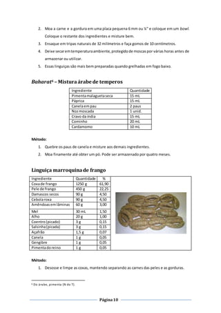 Página10
2. Moa a carne e a gordura em uma placa pequena 6 mm ou ¼” e coloque em um bowl.
Coloque o restante dos ingredientes e misture bem.
3. Ensaque em tripas naturais de 32 milímetros e faça gomos de 10 centímetros.
4. Deixe secaremtemperaturaambiente, protegidode moscaspor várias horas antes de
armazenar ou utilizar.
5. Essas linguiças são mais bem preparadas quando grelhadas em fogo baixo.
Baharat6 – Misturaárabe de temperos
Ingrediente Quantidade
Pimentamalaguetaseca 15 mL
Páprica 15 mL
Canelaempau 2 paus
Nozmoscada 1 unid.
Cravo da índia 15 mL
Cominho 20 mL
Cardamomo 10 mL
Método:
1. Quebre os paus de canela e misture aos demais ingredientes.
2. Moa finamente até obter um pó. Pode ser armazenado por quatro meses.
Linguiça marroquinade frango
Ingrediente Quantidade %
Coxade frango 1250 g 61,90
Pele de frango 450 g 22,25
Damascos secos 90 g 4,50
Cebolaroxa 90 g 4,50
Amêndoasemlâminas 60 g 3,00
Mel 30 mL 1,50
Alho 20 g 1,00
Coentro(picado) 3 g 0,15
Salsinha(picada) 3 g 0,15
Açafrão 1,5 g 0,07
Canela 1 g 0,05
Gengibre 1 g 0,05
Pimentadoreino 1 g 0,05
Método:
1. Desosse e limpe as coxas, mantendo separando as carnes das peles e as gorduras.
6 Do árabe, pimenta (N do T).
 