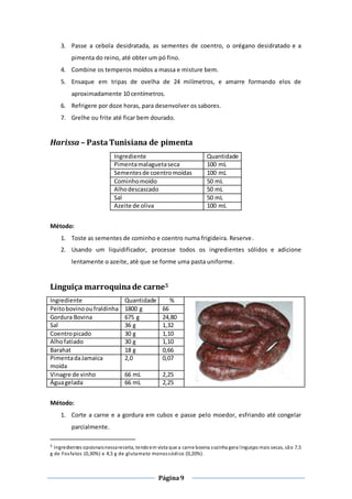 Página9
3. Passe a cebola desidratada, as sementes de coentro, o orégano desidratado e a
pimenta do reino, até obter um pó fino.
4. Combine os temperos moídos a massa e misture bem.
5. Ensaque em tripas de ovelha de 24 milímetros, e amarre formando elos de
aproximadamente 10 centímetros.
6. Refrigere por doze horas, para desenvolver os sabores.
7. Grelhe ou frite até ficar bem dourado.
Harissa – PastaTunisiana de pimenta
Ingrediente Quantidade
Pimentamalaguetaseca 100 mL
Sementesde coentromoídas 100 mL
Cominhomoído 50 mL
Alhodescascado 50 mL
Sal 50 mL
Azeite de oliva 100 mL
Método:
1. Toste as sementes de cominho e coentro numa frigideira. Reserve.
2. Usando um liquidificador, processe todos os ingredientes sólidos e adicione
lentamente o azeite, até que se forme uma pasta uniforme.
Linguiça marroquinade carne5
Ingrediente Quantidade %
Peitobovinooufraldinha 1800 g 66
Gordura Bovina 675 g 24,80
Sal 36 g 1,32
Coentropicado 30 g 1,10
Alhofatiado 30 g 1,10
Barahat 18 g 0,66
PimentadaJamaica
moída
2,0 0,07
Vinagre de vinho 66 mL 2,25
Águagelada 66 mL 2,25
Método:
1. Corte a carne e a gordura em cubos e passe pelo moedor, esfriando até congelar
parcialmente.
5 Ingredientes opcionaisnessareceita, tendoem vista que a carne bovina sozinha gera linguiças mais secas, são 7,5
g de Fosfatos (0,30%) e 4,5 g de glutamato monossódico (0,20%).
 