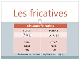 Les fricatives
Els sons fricatius
sords sonors
[f, s, ʃ] [v, z, ʒ]
fina
caça
xoc
vine*
casa
joc
En la major part del territori lingüístic sona com [b]
 