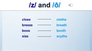 close clothe
breeze breath
boos booth
size scythe
/z/ and /ð/
 