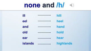 ill hill
eel heel
and hand
old hold
ear hear
islands highlands
none and /h/
 