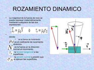 ROZAMIENTO DINAMICO La magnitud de la fuerza de roce se puede expresar matemáticamente mediante cualquiera de las dos expresiones: donde: es la fuerza de rozamiento.  es el coeficiente de rozamiento dinámico.  es la fuerza en la dirección normal al movimiento.  la  tensión tangencial  a las superficies.  la  tensión normal  o presión que se ejercen las superficies.  