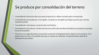 Se produce por consolidación del terreno
• Consolidación natural (es decir por peso propio) de un relleno reciento poco compactado.
• Consolidación provocada por un terraplén: carretera en terraplén que llega a puente que cimenta
mediante pilotes.
• Consolidación inducida por variación del nivel freático
• Consolidación inducida por cambio de estructura del suelo (arcillas tixotrópicas) causada por la propia
hinca de los pilotes.
• El terreno se cuelga del pilote ya que éste no permite el desplazamiento relativo en el contacto. Si el
pilote fuese muy liso, el resultado sería que su cabeza iría saliendo. Comportamiento ideal de la
interfase terreno-pilote:
 