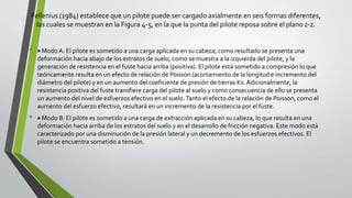 Fellenius (1984) establece que un pilote puede ser cargado axialmente en seis formas diferentes,
las cuales se muestran en la Figura 4-5, en la que la punta del pilote reposa sobre el plano z-z.
•  Modo A: El pilote es sometido a una carga aplicada en su cabeza; como resultado se presenta una
deformación hacia abajo de los estratos de suelo, como se muestra a la izquierda del pilote, y la
generación de resistencia en el fuste hacia arriba (positiva). El pilote está sometido a compresión lo que
teóricamente resulta en un efecto de relación de Poisson (acortamiento de la longitud e incremento del
diámetro del pilote) y en un aumento del coeficiente de presión de tierras Ks.Adicionalmente, la
resistencia positiva del fuste transfiere carga del pilote al suelo y como consecuencia de ello se presenta
un aumento del nivel de esfuerzos efectivo en el suelo.Tanto el efecto de la relación de Poisson, como el
aumento del esfuerzo efectivo, resultará en un incremento de la resistencia por el fuste.
•  Modo B: El pilote es sometido a una carga de extracción aplicada en su cabeza, lo que resulta en una
deformación hacia arriba de los estratos del suelo y en el desarrollo de fricción negativa. Este modo está
caracterizado por una disminución de la presión lateral y un decremento de los esfuerzos efectivos. El
pilote se encuentra sometido a tensión.
 