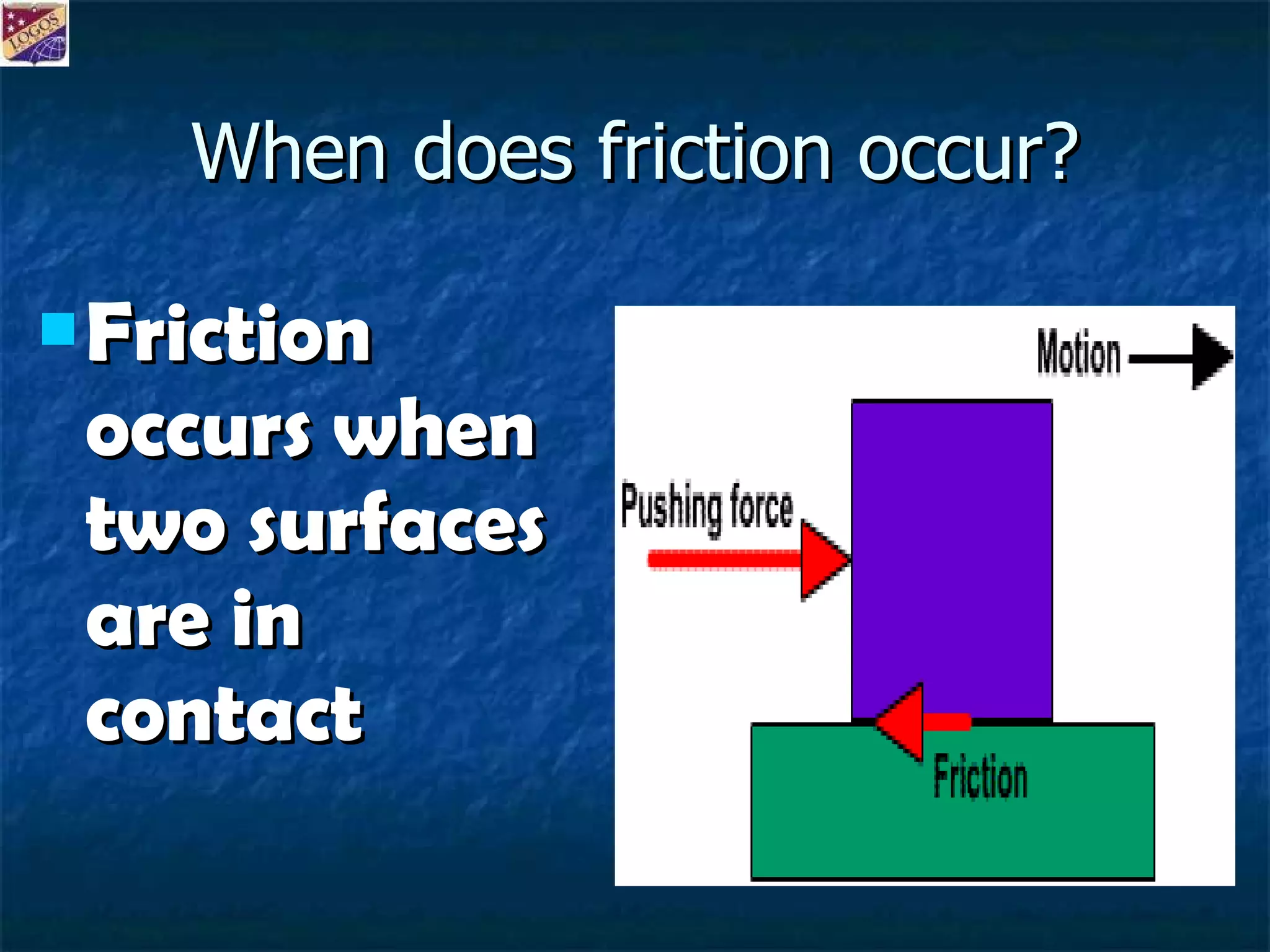 When does friction occur? Friction occurs when two surfaces are in contact 