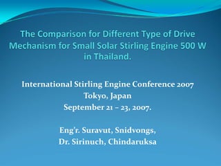 International Stirling Engine Conference 2007
                 Tokyo, Japan
           September 21 – 23, 2007.

         Eng’r. Suravut, Snidvongs, 
         Dr. Sirinuch, Chindaruksa
 