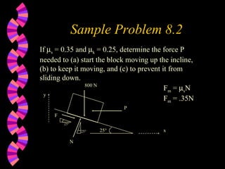 Sample Problem 8.2 If   s  = 0.35 and   k  = 0.25, determine the force P needed to (a) start the block moving up the incline,  (b) to keep it moving, and (c) to prevent it from sliding down. F m  =   s N F m  = .35N 25° 25° N F P 25° 800 N y x 