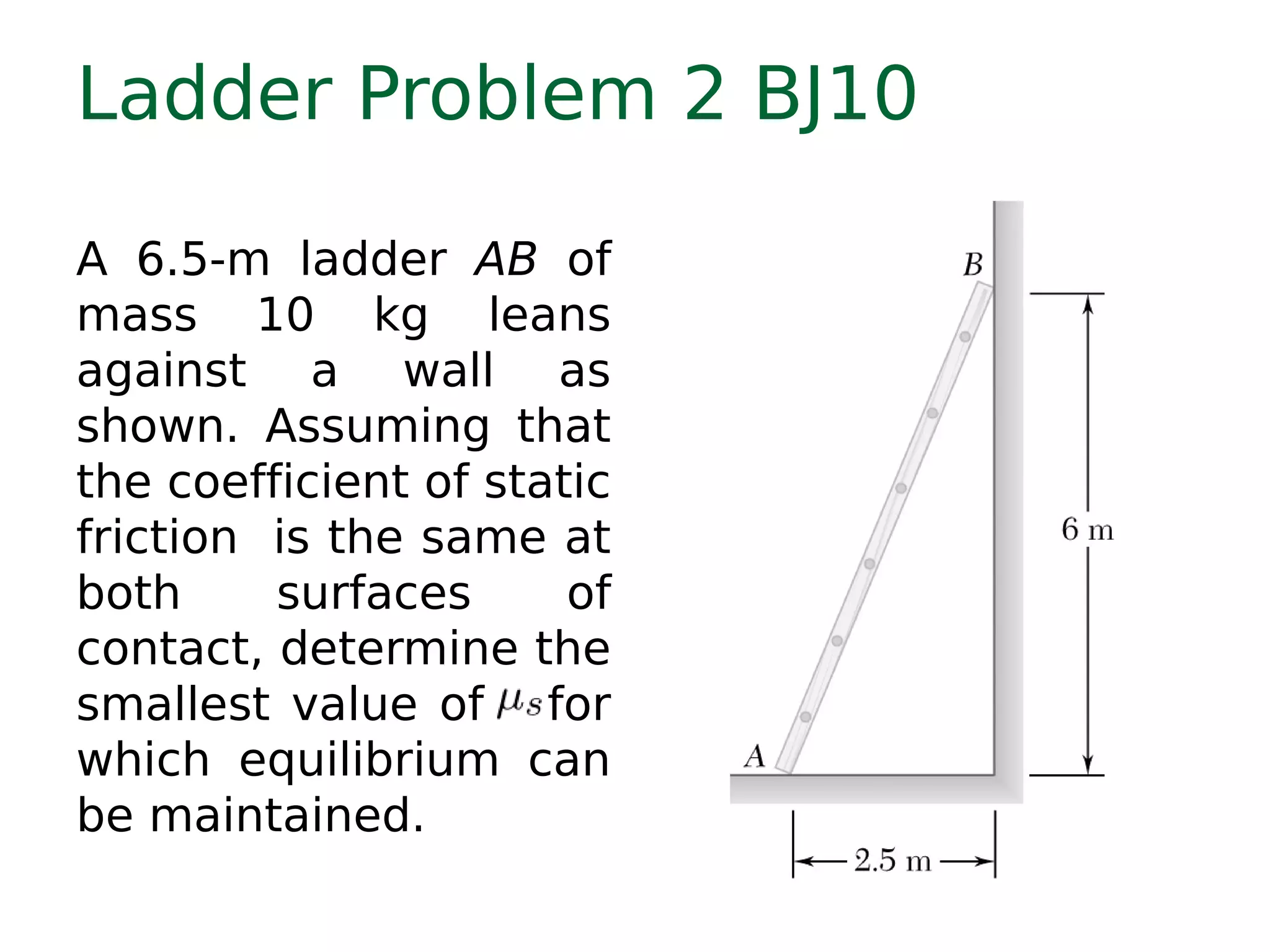 Ladder Problem 2 BJ10
A 6.5-m ladder AB of
mass 10 kg leans
against a wall as
shown. Assuming that
the coefficient of static
friction is the same at
both surfaces of
contact, determine the
smallest value of for
which equilibrium can
be maintained.
 