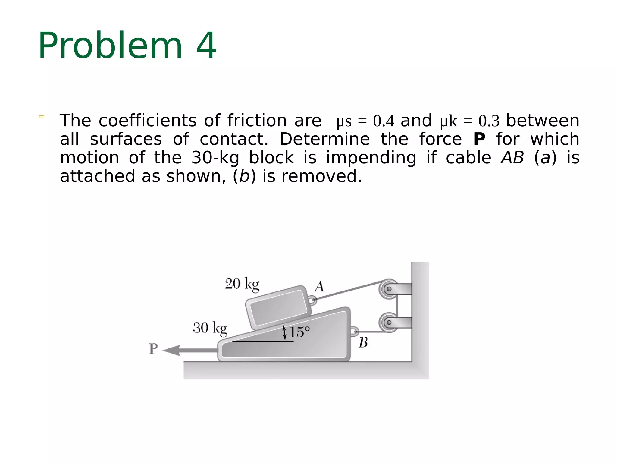 Problem 4
 The coefficients of friction are μs = 0.4 and μk = 0.3 between
all surfaces of contact. Determine the force P for which
motion of the 30-kg block is impending if cable AB (a) is
attached as shown, (b) is removed.
 