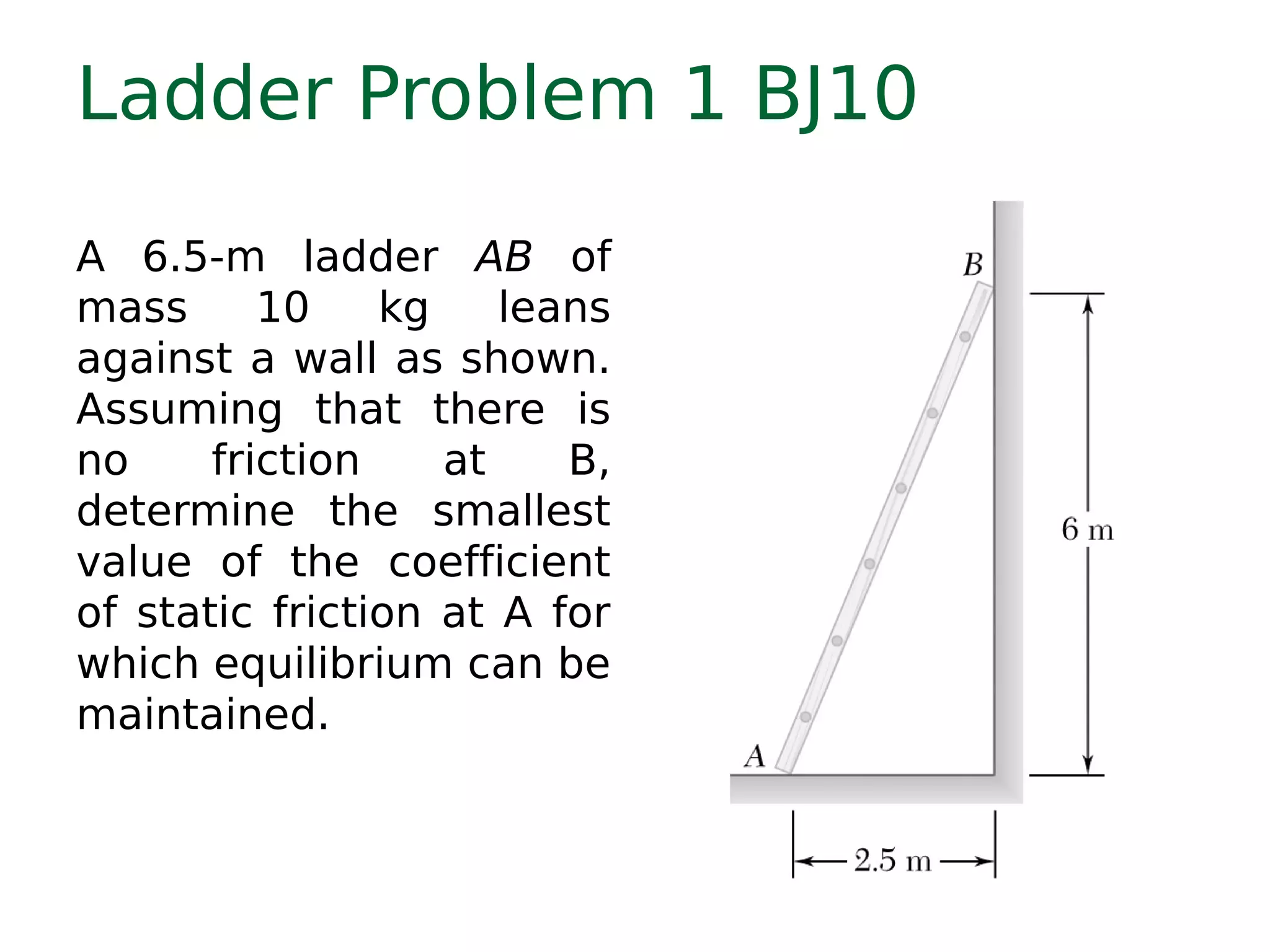 Ladder Problem 1 BJ10
A 6.5-m ladder AB of
mass 10 kg leans
against a wall as shown.
Assuming that there is
no friction at B,
determine the smallest
value of the coefficient
of static friction at A for
which equilibrium can be
maintained.
 
