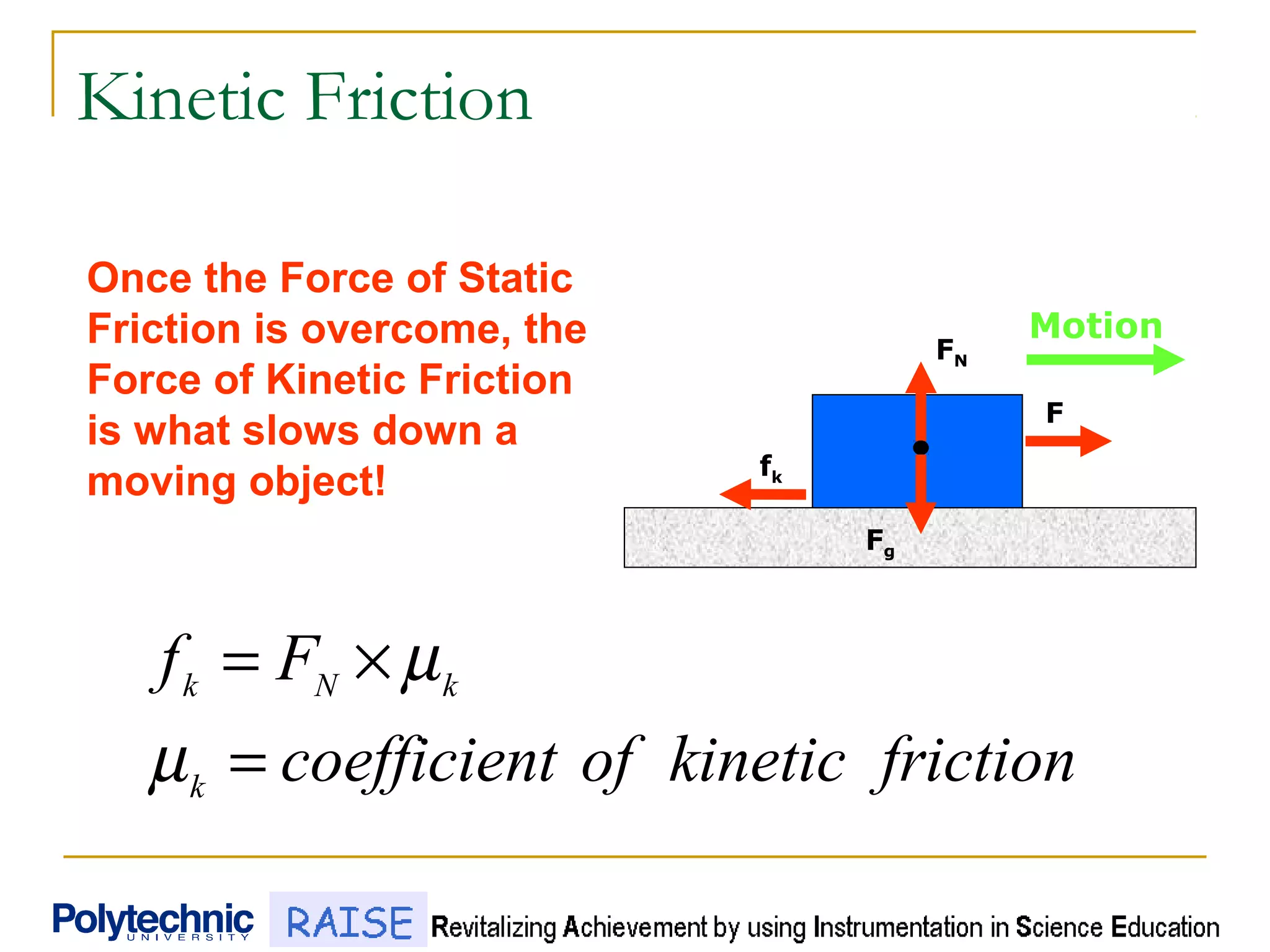 Kinetic Friction
frictionkineticoftcoefficien
Ff
k
kNk
=
×=
µ
µ
FN
fk
F
Fg
Once the Force of Static
Friction is overcome, the
Force of Kinetic Friction
is what slows down a
moving object!
Motion
 