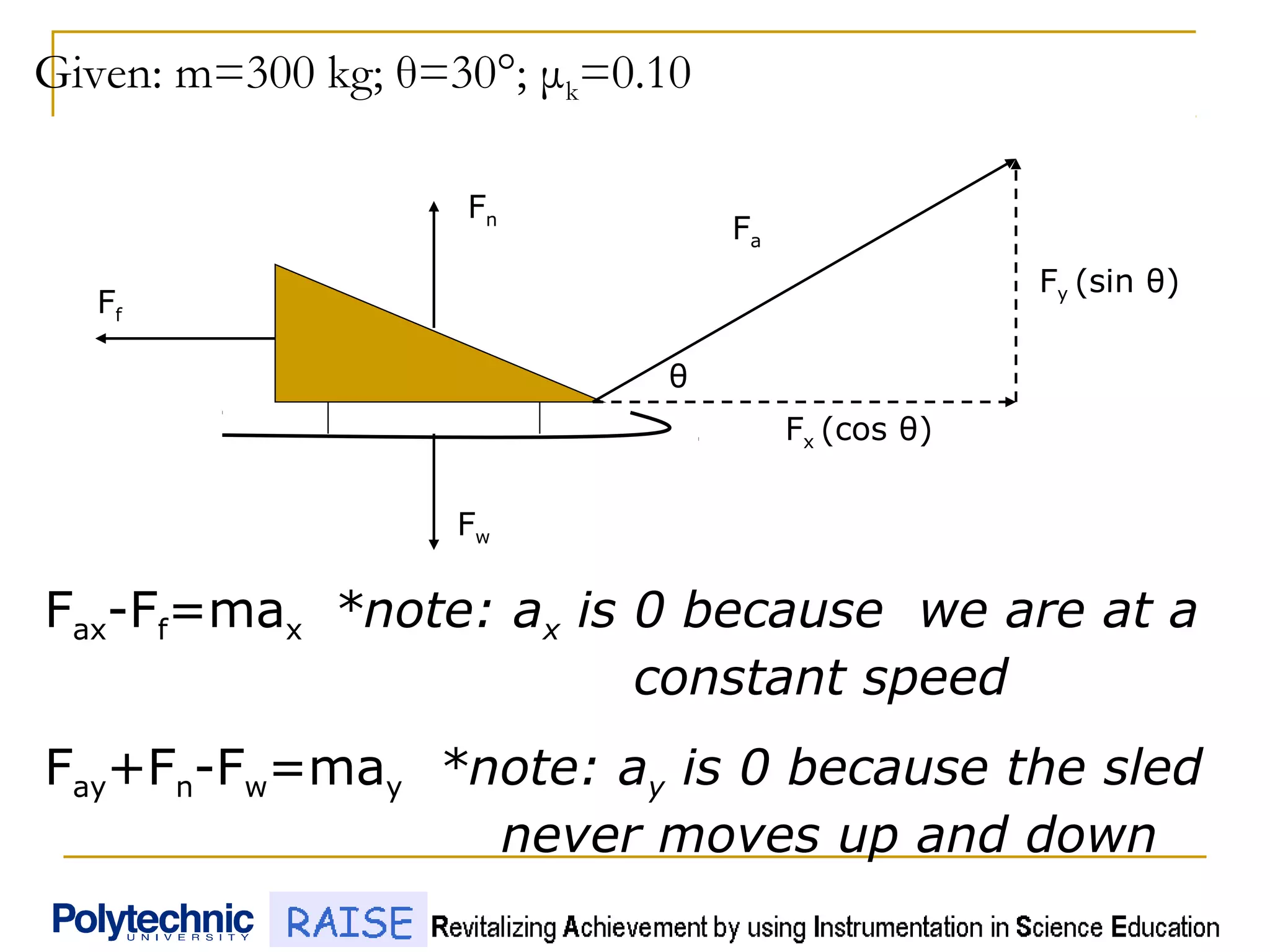 Given: m=300 kg; θ=30°; μk=0.10
Fn
Fx (cos θ)
Ff
Fw
Fa
θ
Fy (sin θ)
Fax-Ff=max *note: ax is 0 because we are at a
constant speed
Fay+Fn-Fw=may *note: ay is 0 because the sled
never moves up and down
 