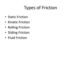 Types of Friction
• Static Friction
• Kinetic Friction
• Rolling Friction
• Sliding Friction
• Fluid Friction
 