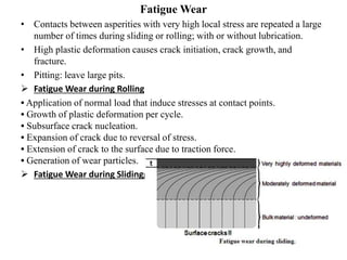 Fatigue Wear
• Contacts between asperities with very high local stress are repeated a large
number of times during sliding or rolling; with or without lubrication.
• High plastic deformation causes crack initiation, crack growth, and
fracture.
• Pitting: leave large pits.
 Fatigue Wear during Rolling
• Application of normal load that induce stresses at contact points.
• Growth of plastic deformation per cycle.
• Subsurface crack nucleation.
• Expansion of crack due to reversal of stress.
• Extension of crack to the surface due to traction force.
• Generation of wear particles.
 Fatigue Wear during Slidingg
 