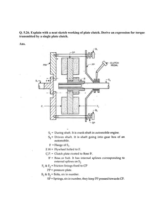 Q. 5.26. Explain with a neat sketch working of plate clutch. Derive an expression for torque
transmitted by a single plate clutch.
Ans.
 