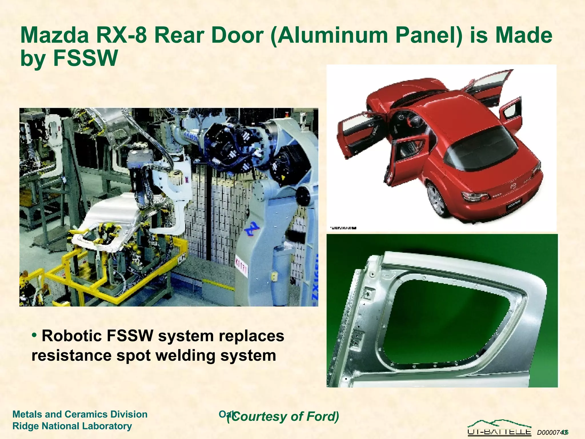Mazda RX-8 Rear Door (Aluminum Panel) is Made by FSSW Robotic FSSW system replaces resistance spot welding system (Courtesy of Ford) 