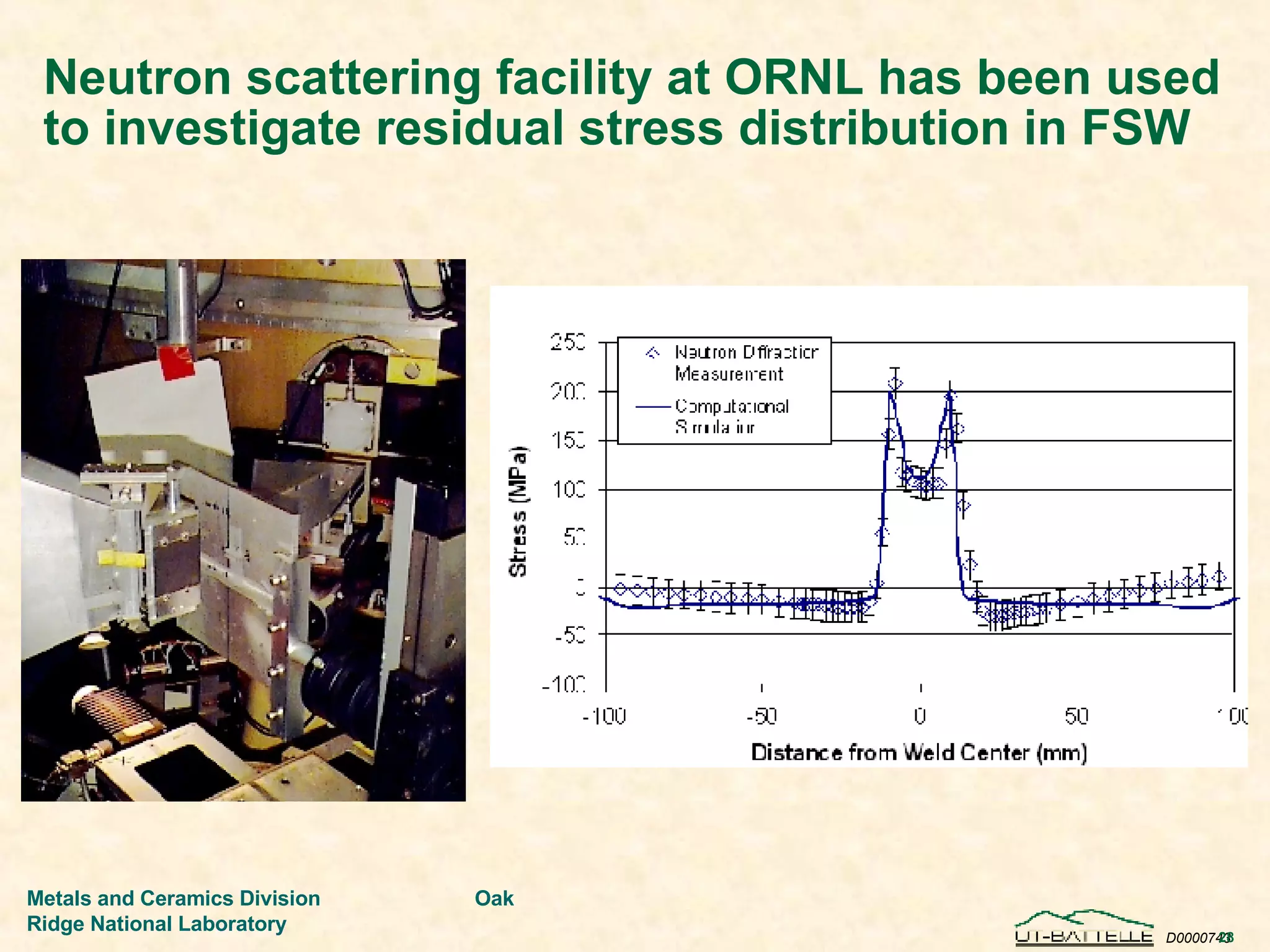 Neutron scattering facility at ORNL has been used to investigate residual stress distribution in FSW  