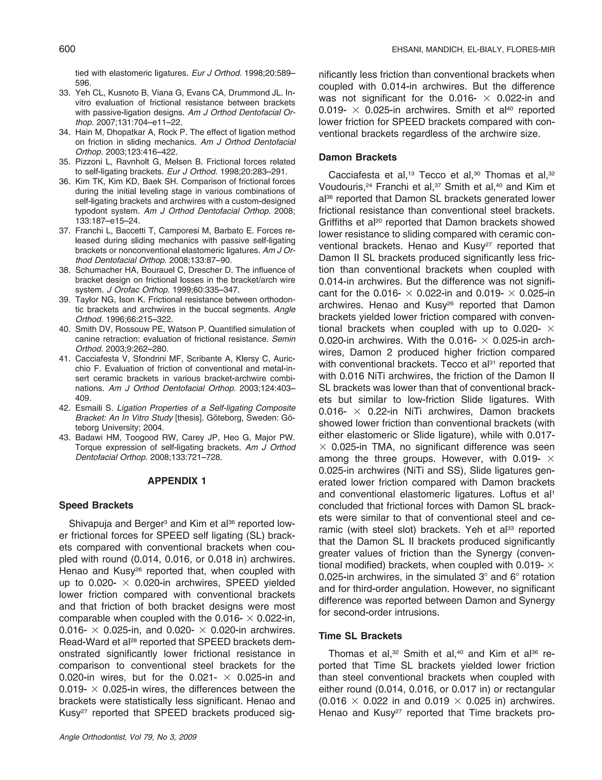 600 EHSANI, MANDICH, EL-BIALY, FLORES-MIR
Angle Orthodontist, Vol 79, No 3, 2009
tied with elastomeric ligatures. Eur J Orthod. 1998;20:589–
596.
33. Yeh CL, Kusnoto B, Viana G, Evans CA, Drummond JL. In-
vitro evaluation of frictional resistance between brackets
with passive-ligation designs. Am J Orthod Dentofacial Or-
thop. 2007;131:704–e11–22.
34. Hain M, Dhopatkar A, Rock P. The effect of ligation method
on friction in sliding mechanics. Am J Orthod Dentofacial
Orthop. 2003;123:416–422.
35. Pizzoni L, Ravnholt G, Melsen B. Frictional forces related
to self-ligating brackets. Eur J Orthod. 1998;20:283–291.
36. Kim TK, Kim KD, Baek SH. Comparison of frictional forces
during the initial leveling stage in various combinations of
self-ligating brackets and archwires with a custom-designed
typodont system. Am J Orthod Dentofacial Orthop. 2008;
133:187–e15–24.
37. Franchi L, Baccetti T, Camporesi M, Barbato E. Forces re-
leased during sliding mechanics with passive self-ligating
brackets or nonconventional elastomeric ligatures. Am J Or-
thod Dentofacial Orthop. 2008;133:87–90.
38. Schumacher HA, Bourauel C, Drescher D. The inﬂuence of
bracket design on frictional losses in the bracket/arch wire
system. J Orofac Orthop. 1999;60:335–347.
39. Taylor NG, Ison K. Frictional resistance between orthodon-
tic brackets and archwires in the buccal segments. Angle
Orthod. 1996;66:215–322.
40. Smith DV, Rossouw PE, Watson P. Quantiﬁed simulation of
canine retraction: evaluation of frictional resistance. Semin
Orthod. 2003;9:262–280.
41. Cacciafesta V, Sfondrini MF, Scribante A, Klersy C, Auric-
chio F. Evaluation of friction of conventional and metal-in-
sert ceramic brackets in various bracket-archwire combi-
nations. Am J Orthod Dentofacial Orthop. 2003;124:403–
409.
42. Esmaili S. Ligation Properties of a Self-ligating Composite
Bracket: An In Vitro Study [thesis]. Go¨teborg, Sweden: Go¨-
teborg University; 2004.
43. Badawi HM, Toogood RW, Carey JP, Heo G, Major PW.
Torque expression of self-ligating brackets. Am J Orthod
Dentofacial Orthop. 2008;133:721–728.
APPENDIX 1
Speed Brackets
Shivapuja and Berger3
and Kim et al36
reported low-
er frictional forces for SPEED self ligating (SL) brack-
ets compared with conventional brackets when cou-
pled with round (0.014, 0.016, or 0.018 in) archwires.
Henao and Kusy26
reported that, when coupled with
up to 0.020- ϫ 0.020-in archwires, SPEED yielded
lower friction compared with conventional brackets
and that friction of both bracket designs were most
comparable when coupled with the 0.016- ϫ 0.022-in,
0.016- ϫ 0.025-in, and 0.020- ϫ 0.020-in archwires.
Read-Ward et al28
reported that SPEED brackets dem-
onstrated signiﬁcantly lower frictional resistance in
comparison to conventional steel brackets for the
0.020-in wires, but for the 0.021- ϫ 0.025-in and
0.019- ϫ 0.025-in wires, the differences between the
brackets were statistically less signiﬁcant. Henao and
Kusy27
reported that SPEED brackets produced sig-
niﬁcantly less friction than conventional brackets when
coupled with 0.014-in archwires. But the difference
was not signiﬁcant for the 0.016- ϫ 0.022-in and
0.019- ϫ 0.025-in archwires. Smith et al40
reported
lower friction for SPEED brackets compared with con-
ventional brackets regardless of the archwire size.
Damon Brackets
Cacciafesta et al,13
Tecco et al,30
Thomas et al,32
Voudouris,24
Franchi et al,37
Smith et al,40
and Kim et
al36
reported that Damon SL brackets generated lower
frictional resistance than conventional steel brackets.
Grifﬁths et al20
reported that Damon brackets showed
lower resistance to sliding compared with ceramic con-
ventional brackets. Henao and Kusy27
reported that
Damon II SL brackets produced signiﬁcantly less fric-
tion than conventional brackets when coupled with
0.014-in archwires. But the difference was not signiﬁ-
cant for the 0.016- ϫ 0.022-in and 0.019- ϫ 0.025-in
archwires. Henao and Kusy26
reported that Damon
brackets yielded lower friction compared with conven-
tional brackets when coupled with up to 0.020- ϫ
0.020-in archwires. With the 0.016- ϫ 0.025-in arch-
wires, Damon 2 produced higher friction compared
with conventional brackets. Tecco et al31
reported that
with 0.016 NiTi archwires, the friction of the Damon II
SL brackets was lower than that of conventional brack-
ets but similar to low-friction Slide ligatures. With
0.016- ϫ 0.22-in NiTi archwires, Damon brackets
showed lower friction than conventional brackets (with
either elastomeric or Slide ligature), while with 0.017-
ϫ 0.025-in TMA, no signiﬁcant difference was seen
among the three groups. However, with 0.019- ϫ
0.025-in archwires (NiTi and SS), Slide ligatures gen-
erated lower friction compared with Damon brackets
and conventional elastomeric ligatures. Loftus et al1
concluded that frictional forces with Damon SL brack-
ets were similar to that of conventional steel and ce-
ramic (with steel slot) brackets. Yeh et al33
reported
that the Damon SL II brackets produced signiﬁcantly
greater values of friction than the Synergy (conven-
tional modiﬁed) brackets, when coupled with 0.019- ϫ
0.025-in archwires, in the simulated 3Њ and 6Њ rotation
and for third-order angulation. However, no signiﬁcant
difference was reported between Damon and Synergy
for second-order intrusions.
Time SL Brackets
Thomas et al,32
Smith et al,40
and Kim et al36
re-
ported that Time SL brackets yielded lower friction
than steel conventional brackets when coupled with
either round (0.014, 0.016, or 0.017 in) or rectangular
(0.016 ϫ 0.022 in and 0.019 ϫ 0.025 in) archwires.
Henao and Kusy27
reported that Time brackets pro-
 