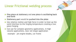 Linear Frictional welding process
 One piece at stationary and one piece is oscillating back
and forth
 Stationary part would be pushed into the plate
 Use relative motion and high force in order to heat up the
weld interface to the forging temperature creating a two
piece forging
 Can use for complex geometry applications, in high
volume applications, near net shape application
example – jet engine blades, car frame
 