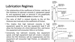 Lubrication Regimes
• The relationship of the coefficient of friction and the oil
film thickness to lubricant viscosity Z, equipment speed
N, and equipment load, or pressure P, are graphically
presented by the Stribeck curve as shown in Fig.
• The ratio of ZN/P is related directly to the oil film
thickness but inversely to the coefficient of friction .
• This implies that high lubricant viscosity Z, high
equipment speed N, and low equipment load P will
allow the formation of a thick lubricant film, and hence
the equipment will encounter little or no friction.
• Conversely, low lubricant viscosity, low equipment
speed, and high equipment load will create a situation
where the film thickness will be inappropriate and the
equipment will encounter high friction, as indicated in
the figure.
 