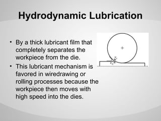 Hydrodynamic Lubrication
• By a thick lubricant film that
completely separates the
workpiece from the die.
• This lubricant mechanism is
favored in wiredrawing or
rolling processes because the
workpiece then moves with
high speed into the dies.

 