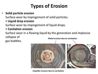 Types of Erosion
• Solid particle erosion
Surface wear by impingement of solid particles.
• Liquid drop erosion
Surface wear by impingement of liquid drops.
• Cavitation erosion
Surface wear in a flowing liquid by the generation and implosive
collapse of
gas bubbles.
 