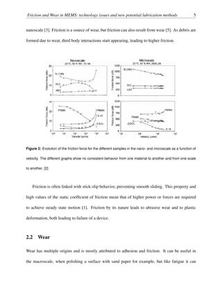 Friction and Wear in MEMS: technology issues and new potential lubrication methods 5
nanoscale [3]. Friction is a source of wear, but friction can also result from wear [5]. As debris are
formed due to wear, third body interactions start appearing, leading to higher friction.
Figure 2: Evolution of the friction force for the different samples in the nano- and microscale as a function of
velocity. The different graphs show no consistent behavior from one material to another and from one scale
to another. [2]
Friction is often linked with stick-slip behavior, preventing smooth sliding. This property and
high values of the static coefﬁcient of friction mean that of higher power or forces are required
to achieve steady state motion [1]. Friction by its nature leads to abrasive wear and to plastic
deformation, both leading to failure of a device.
2.2 Wear
Wear has multiple origins and is mostly attributed to adhesion and friction. It can be useful in
the macroscale, when polishing a surface with sand paper for example, but like fatigue it can
 