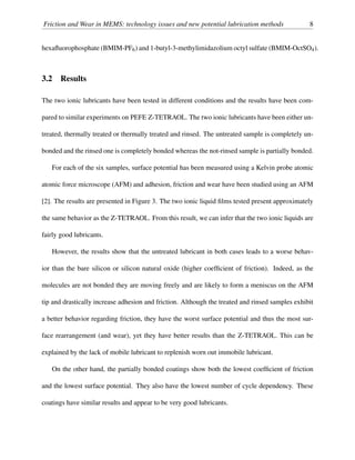 Friction and Wear in MEMS: technology issues and new potential lubrication methods 8
hexaﬂuorophosphate (BMIM-PF6) and 1-butyl-3-methylimidazolium octyl sulfate (BMIM-OctSO4).
3.2 Results
The two ionic lubricants have been tested in different conditions and the results have been com-
pared to similar experiments on PEFE Z-TETRAOL. The two ionic lubricants have been either un-
treated, thermally treated or thermally treated and rinsed. The untreated sample is completely un-
bonded and the rinsed one is completely bonded whereas the not-rinsed sample is partially bonded.
For each of the six samples, surface potential has been measured using a Kelvin probe atomic
atomic force microscope (AFM) and adhesion, friction and wear have been studied using an AFM
[2]. The results are presented in Figure 3. The two ionic liquid ﬁlms tested present approximately
the same behavior as the Z-TETRAOL. From this result, we can infer that the two ionic liquids are
fairly good lubricants.
However, the results show that the untreated lubricant in both cases leads to a worse behav-
ior than the bare silicon or silicon natural oxide (higher coefﬁcient of friction). Indeed, as the
molecules are not bonded they are moving freely and are likely to form a meniscus on the AFM
tip and drastically increase adhesion and friction. Although the treated and rinsed samples exhibit
a better behavior regarding friction, they have the worst surface potential and thus the most sur-
face rearrangement (and wear), yet they have better results than the Z-TETRAOL. This can be
explained by the lack of mobile lubricant to replenish worn out immobile lubricant.
On the other hand, the partially bonded coatings show both the lowest coefﬁcient of friction
and the lowest surface potential. They also have the lowest number of cycle dependency. These
coatings have similar results and appear to be very good lubricants.
 