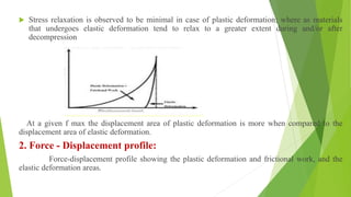  Stress relaxation is observed to be minimal in case of plastic deformation; where as materials
that undergoes elastic deformation tend to relax to a greater extent during and/or after
decompression
At a given f max the displacement area of plastic deformation is more when compared to the
displacement area of elastic deformation.
2. Force - Displacement profile:
Force-displacement profile showing the plastic deformation and frictional work, and the
elastic deformation areas.
 