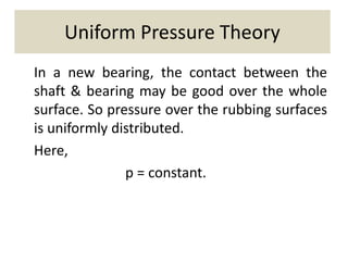 Uniform Pressure Theory
In a new bearing, the contact between the
shaft & bearing may be good over the whole
surface. So pressure over the rubbing surfaces
is uniformly distributed.
Here,
p = constant.
 