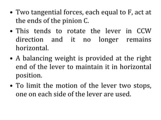 • Two tangential forces, each equal to F, act at
the ends of the pinion C.
• This tends to rotate the lever in CCW
direction and it no longer remains
horizontal.
• A balancing weight is provided at the right
end of the lever to maintain it in horizontal
position.
• To limit the motion of the lever two stops,
one on each side of the lever are used.
 