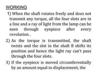WORKING
1) When the shaft rotates freely and does not
transmit any torque, all the four slots are in
a line and a ray of light from the lamp can be
seen through eyepiece after every
revolution .
2) As the torque is transmitted, the shaft
twists and the slot in the shaft B shifts its
position and hence the light ray can’t pass
through the four slots.
3) If the eyepiece is moved circumferentially
by an amount equal to displacement, the
 