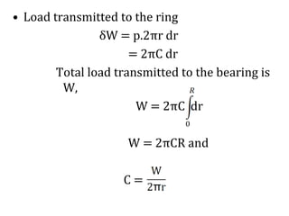 • Load transmitted to the ring
δW = p.2πr dr
= 2πC dr
Total load transmitted to the bearing is
W,
W = 2πC dr
W = 2πCR and
C =
 