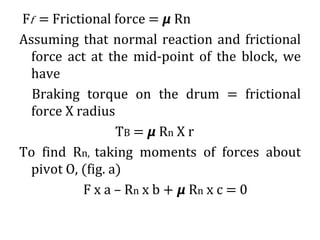 Ff = Frictional force = 𝞵 Rn
Assuming that normal reaction and frictional
force act at the mid-point of the block, we
have
Braking torque on the drum = frictional
force X radius
TB = 𝞵 Rn X r
To find Rn, taking moments of forces about
pivot O, (fig. a)
F x a – Rn x b + 𝞵 Rn x c = 0
 