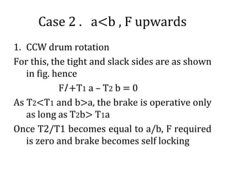 Case 2 . a<b , F upwards
1. CCW drum rotation
For this, the tight and slack sides are as shown
in fig. hence
Fl +T1 a – T2 b = 0
As T2<T1 and b>a, the brake is operative only
as long as T2b> T1a
Once T2/T1 becomes equal to a/b, F required
is zero and brake becomes self locking
 